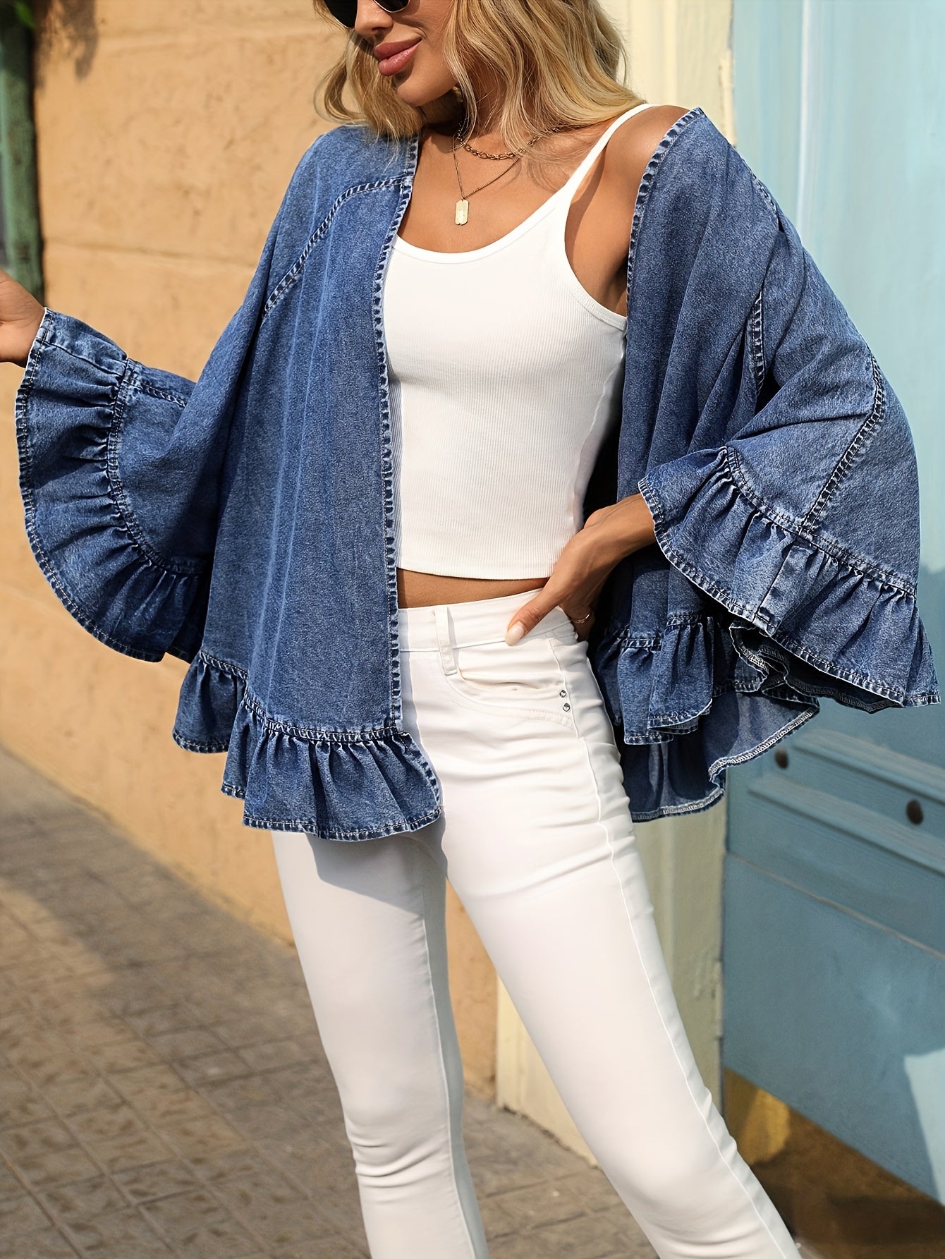 Women's Plus Size Denim Ruffled Cape-Style Cardigan Oversized Jacket