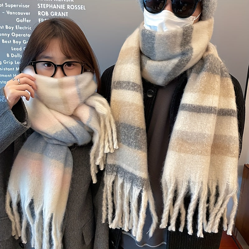 Cozy Striped Chunky Scarf for Couples Warm Windproof Autumn Winter Polyester Shawl