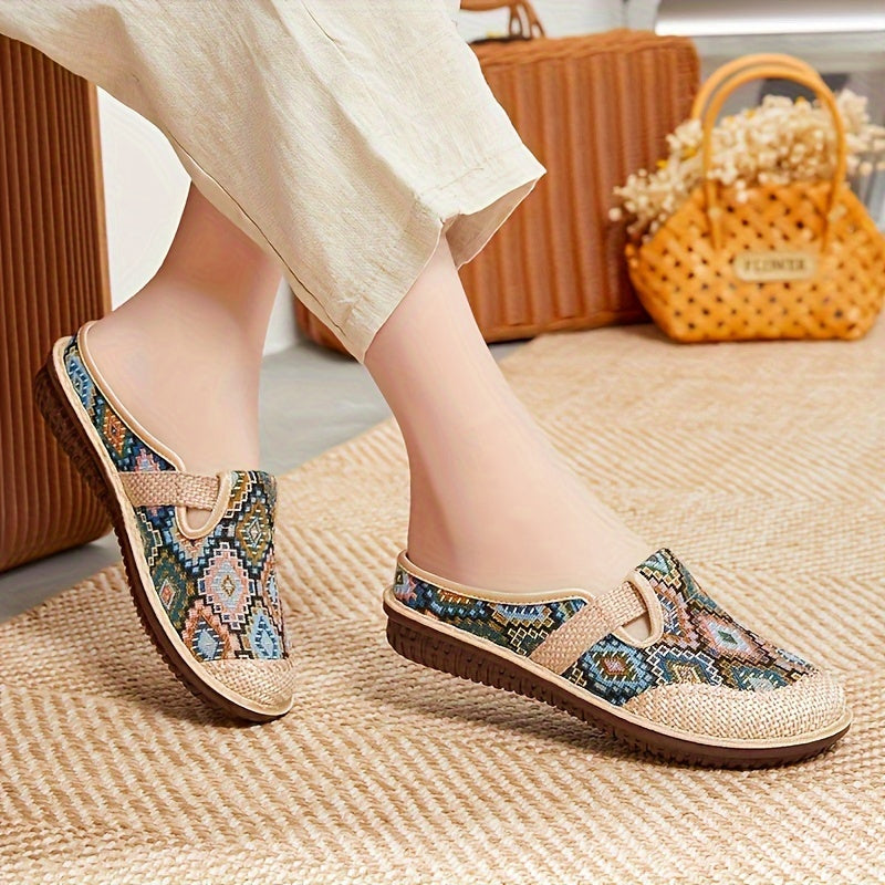 Women's Geometric Print Mules with Colorful Embroidery and Non-Slip Sole