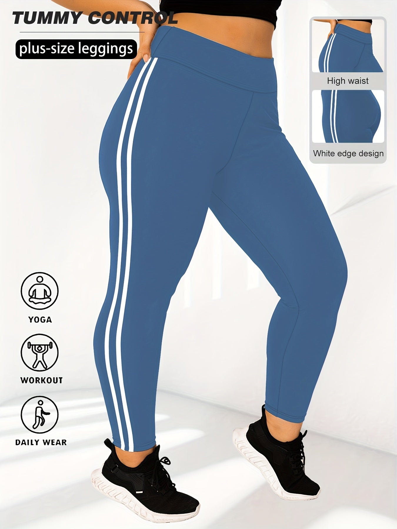 Women's Plus Size High-Waisted Cropped Leggings with Side Stripes Black Blue