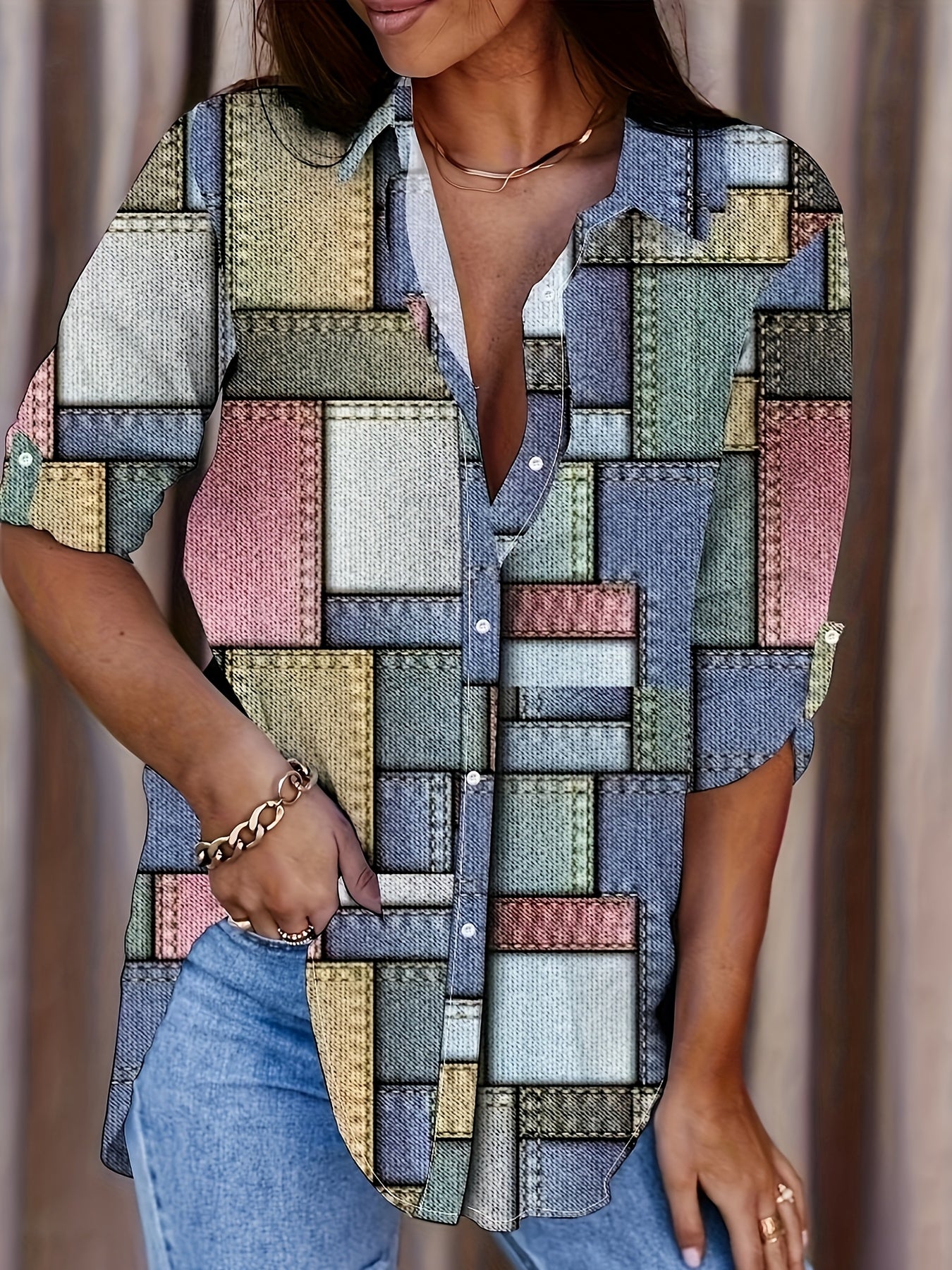 Plus o'lchamdagi ayollar uchun patchwork uzun qollu kofta yengil kundalik bluz