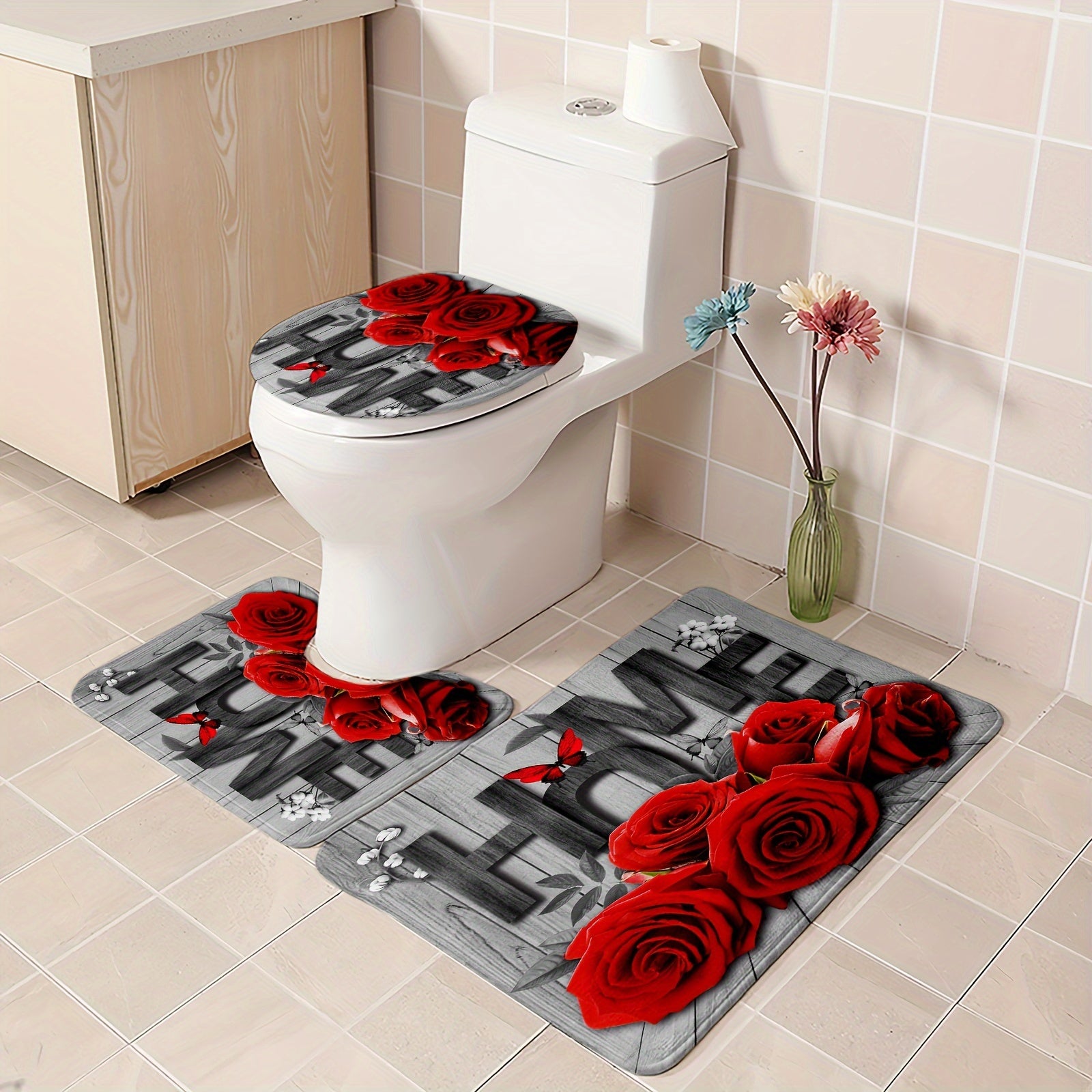 Romantic Rose and Butterfly Polyester Bathroom Set with Shower Curtain Non-Slip Mats Rug and Toilet Lid Cover