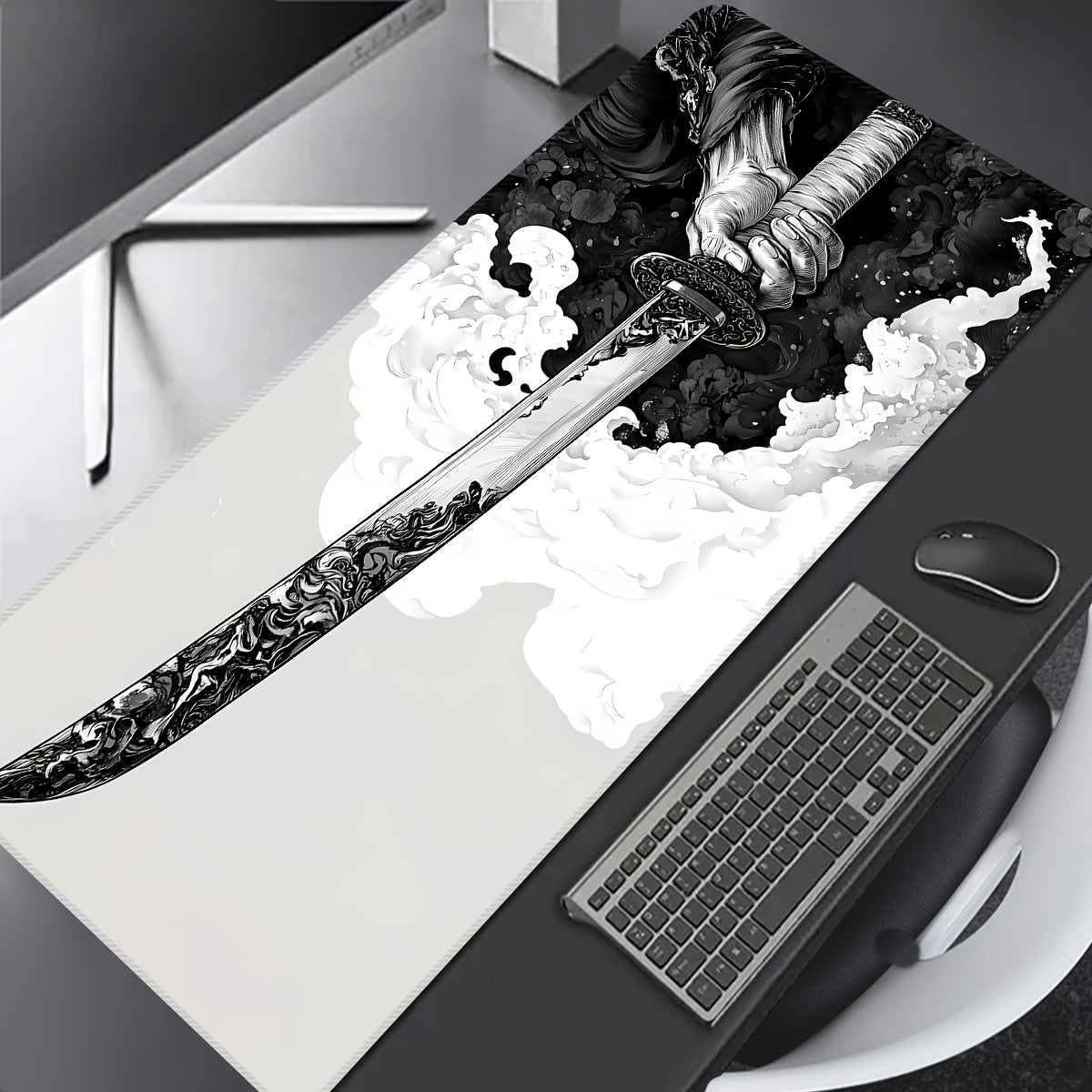 XL Gaming Mouse Pad Oblong with Sword Design Non-Slip Washable for eSports and Office
