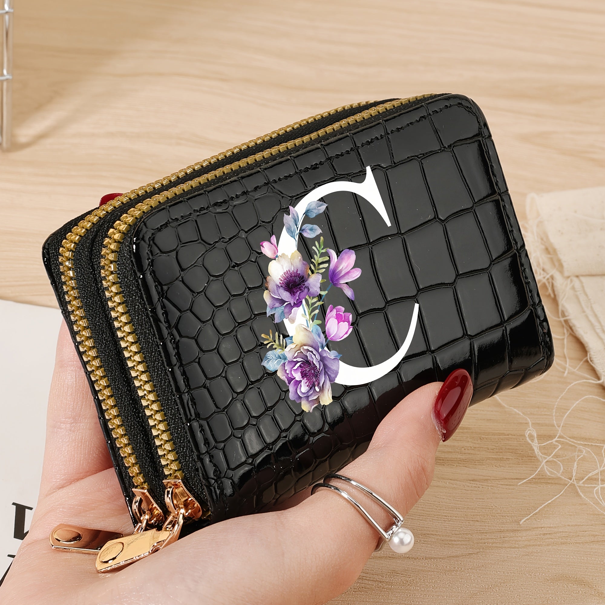 Minimalist Floral Credit Card Holder with Zipper Coin Purse for School and Back-to-School Supplies