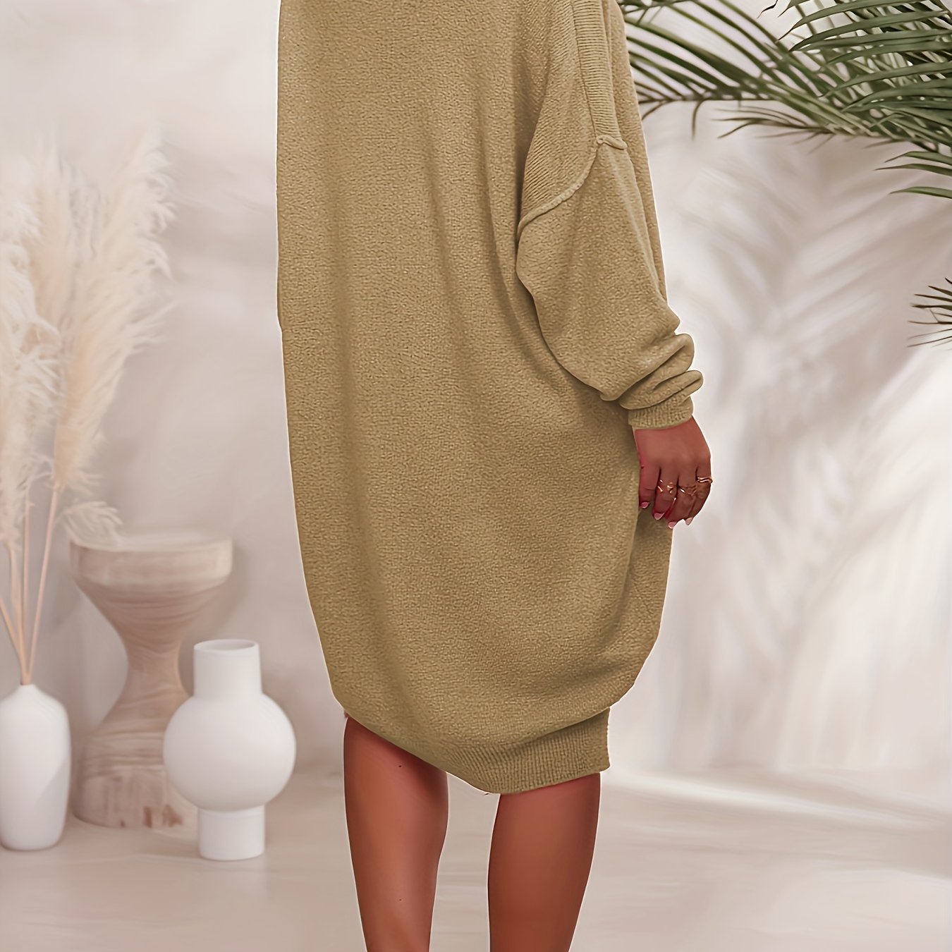 Plus Size Women’s Knitted V-Neck Dress Set Long Sleeve Solid Autumn Winter