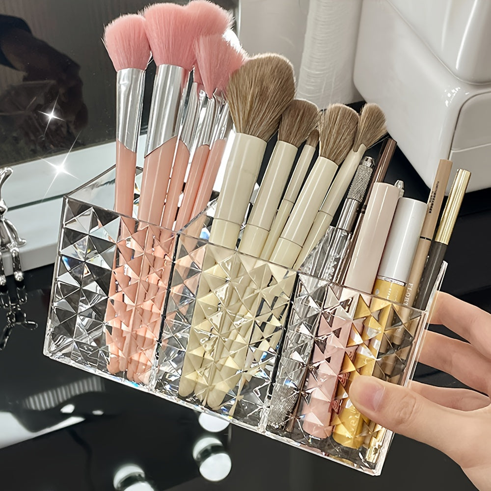 Soporte para brochas de maquillaje de acrílico con 3 compartimentos para organizar cosméticos y decoración de baño