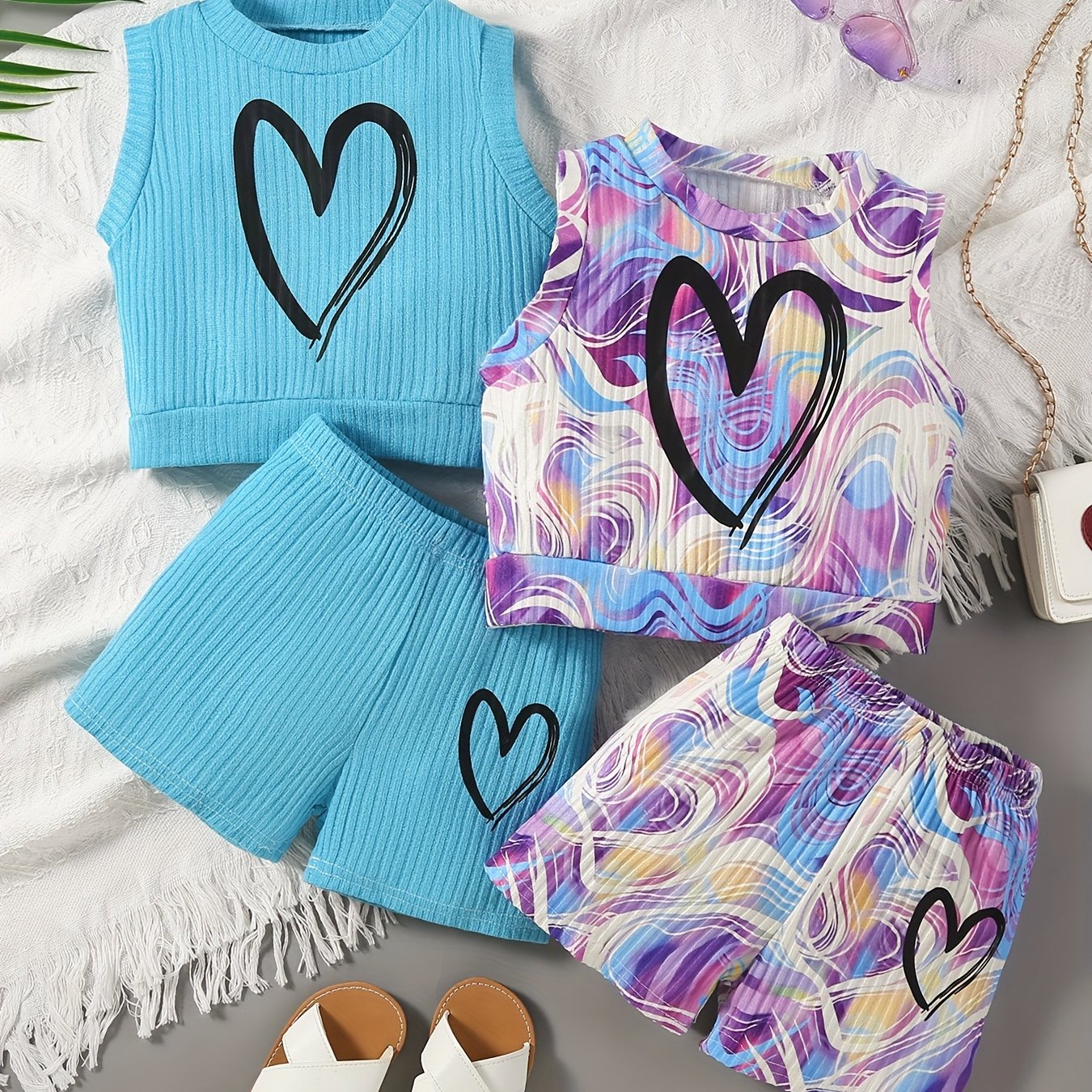 Girls Summer Outfit Set 4 Pieces Heart Print Tank Top and Shorts Polyester Knit Casual
