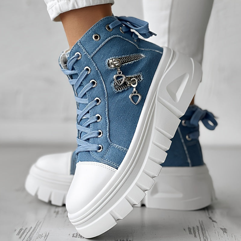 Zapatillas de mezclilla para mujer con cordones, plataforma, cremallera lateral, zapatos casuales