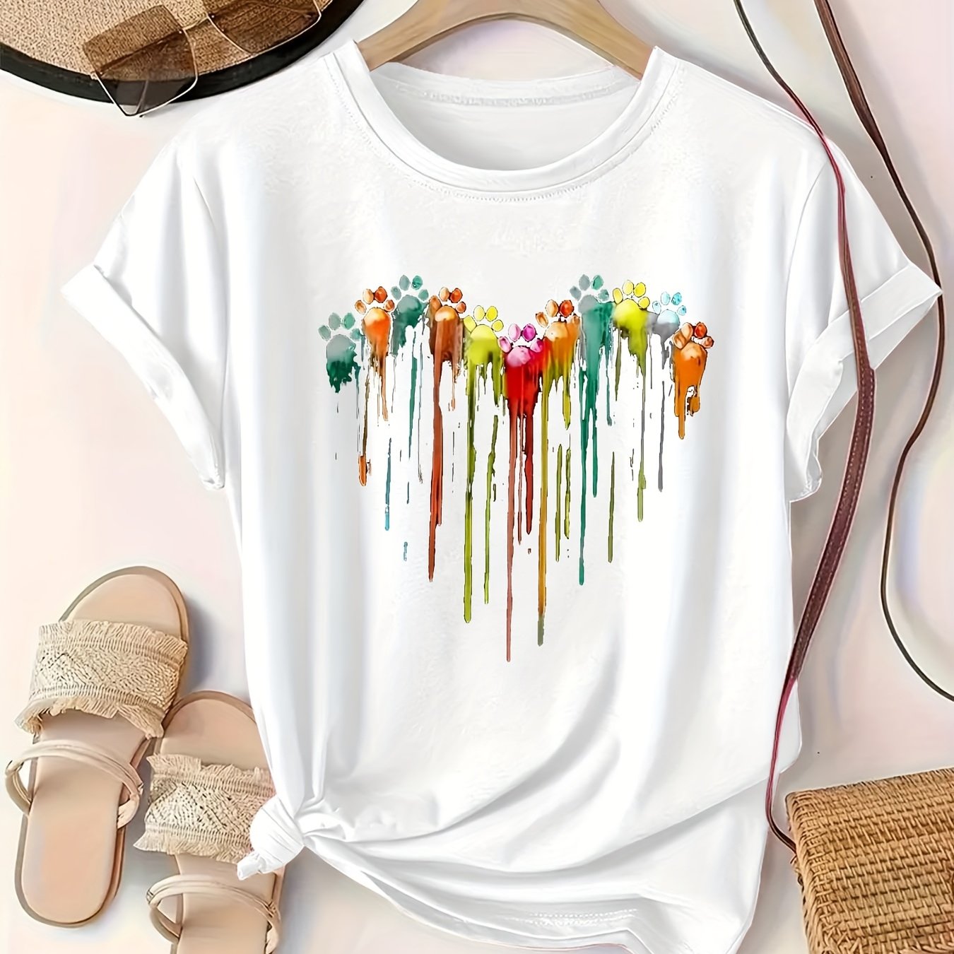 Plus Size Women's Casual T-Shirt Red Heart Footprint Oil Drip Soft Relaxed Fit