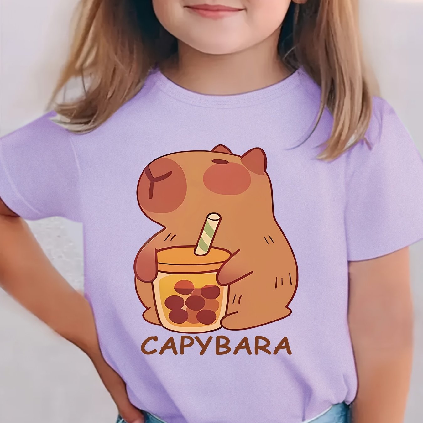 Girls' Knit Top with Capybara Drinking Milk Tea Pattern, Spring Summer Casual T-Shirt
