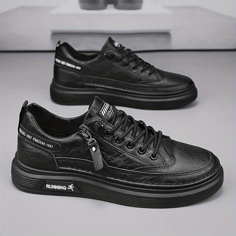 Men's White Faux Leather Sneakers with Zipper and Rubber Sole for Casual Spring 2024