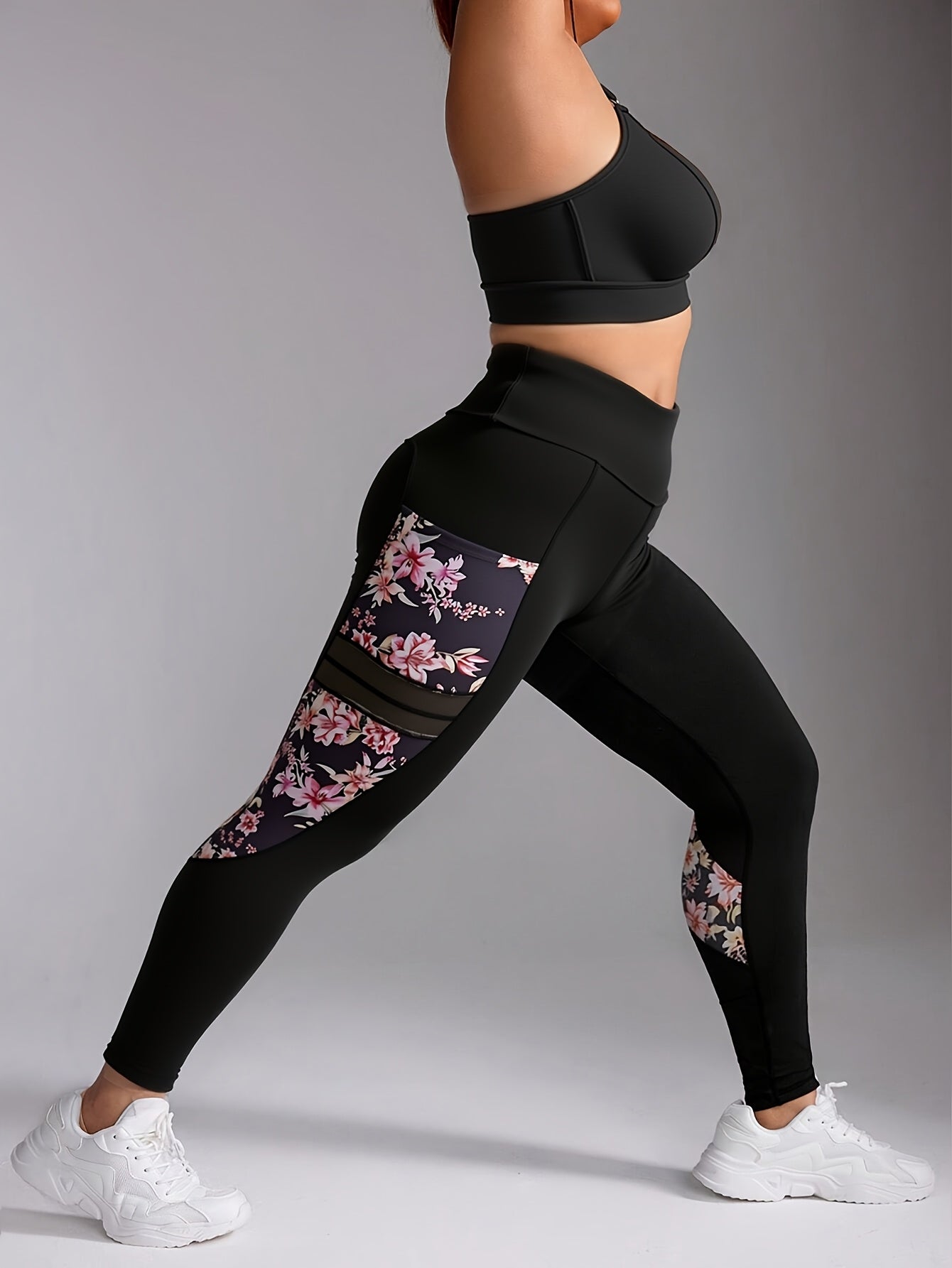 Plus Size High-Waisted Floral Yoga Leggings Breathable Stretchy Black