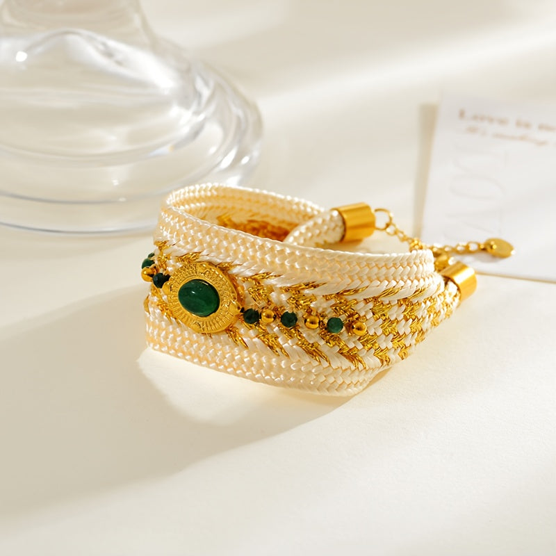 Gold Plated Titanium Steel Bracelet with Turquoise Bohemian Ethnic Woven Design for Women