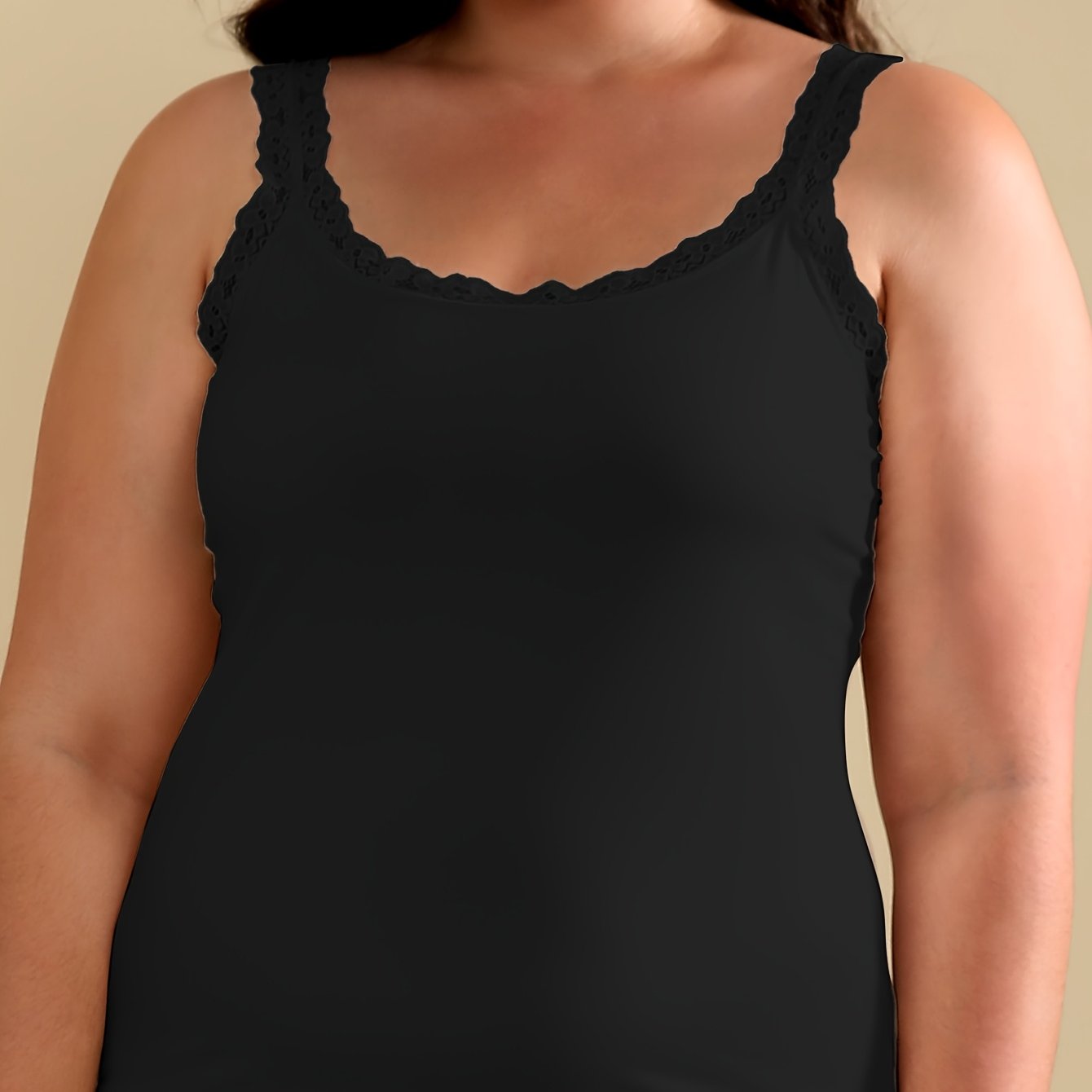 Women's Plus Size Black Sleeveless Tank Top with White Lace Trim
