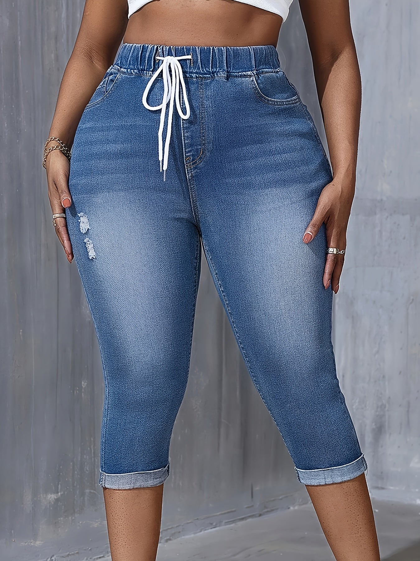 Women Plus Size Stretch Denim Capris with Drawstring Waist Light Blue