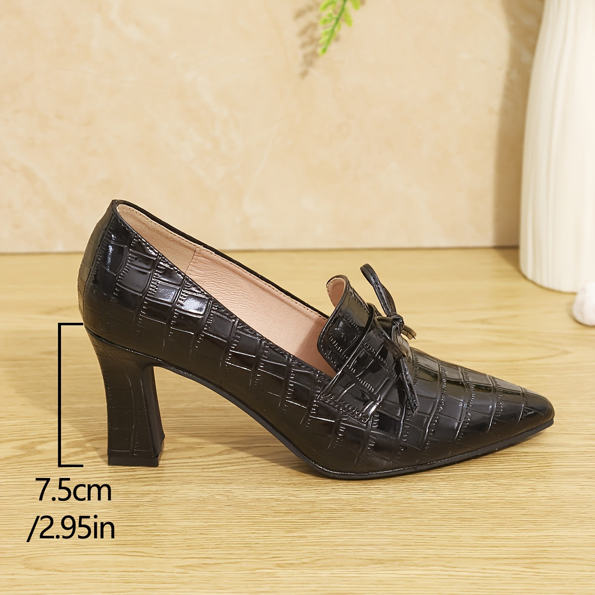 Women's Mary Jane Pumps Pointed Toe Bow Embellished Block Heel Shoes