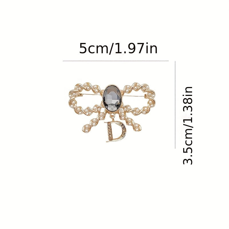 Vintage Butterfly Knot Brooch with Letter Charm Imitation Pearl and Glass Gemstone for Women