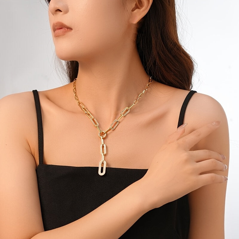 Women’s Y-Shaped Chain Necklace with Cubic Zirconia Geometric Pendant for Daily and Party Wear