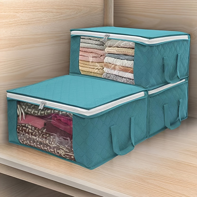 Bolsa de almacenamiento de ropa plegable con asa reforzada y ventana transparente 37L gris azul, organizador de armario para suéteres, abrigos y camisetas