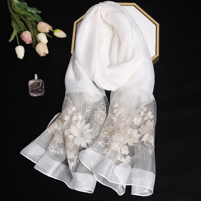 Silk and Wool Embroidery Scarf for Women Floral Long Outerwear