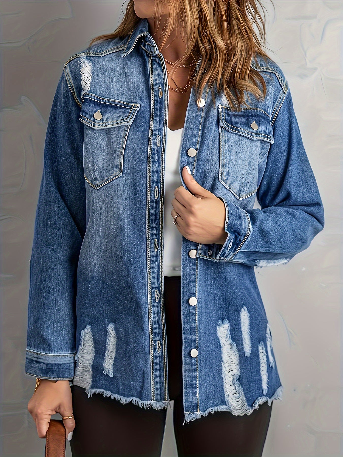 Women's Denim Jacket Washed Distressed Ripped Solid Color Spring Summer Coat