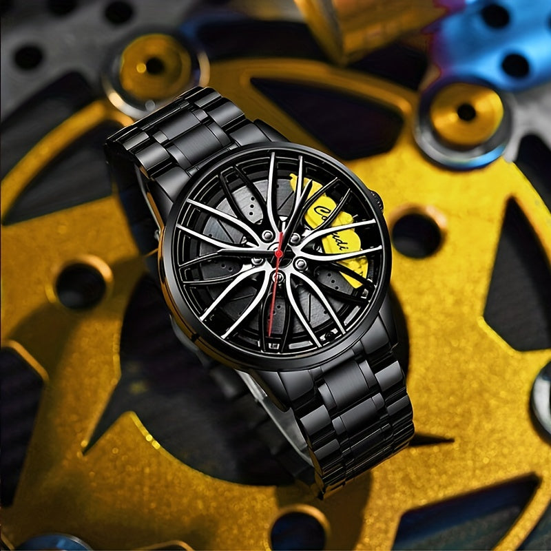 Men's Sports Watch with Car Wheel Hub Caliper Design Steel Band Luminous Hollow Dial