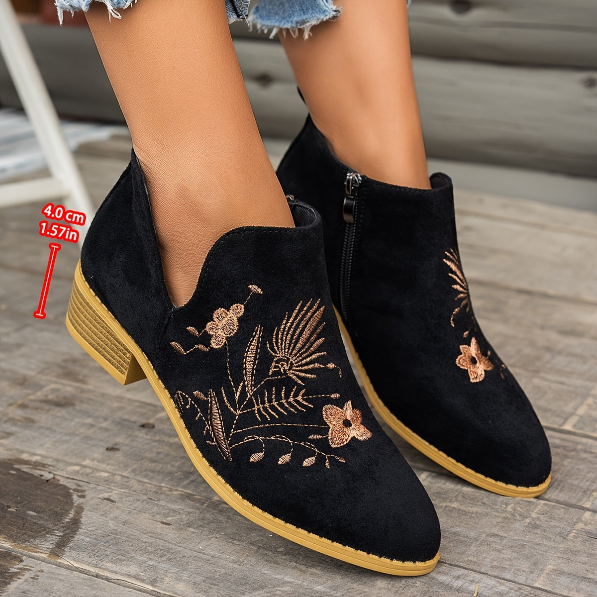 Women's Vintage Embroidered Ankle Boots Pointed Toe Low Heel Casual Shoes