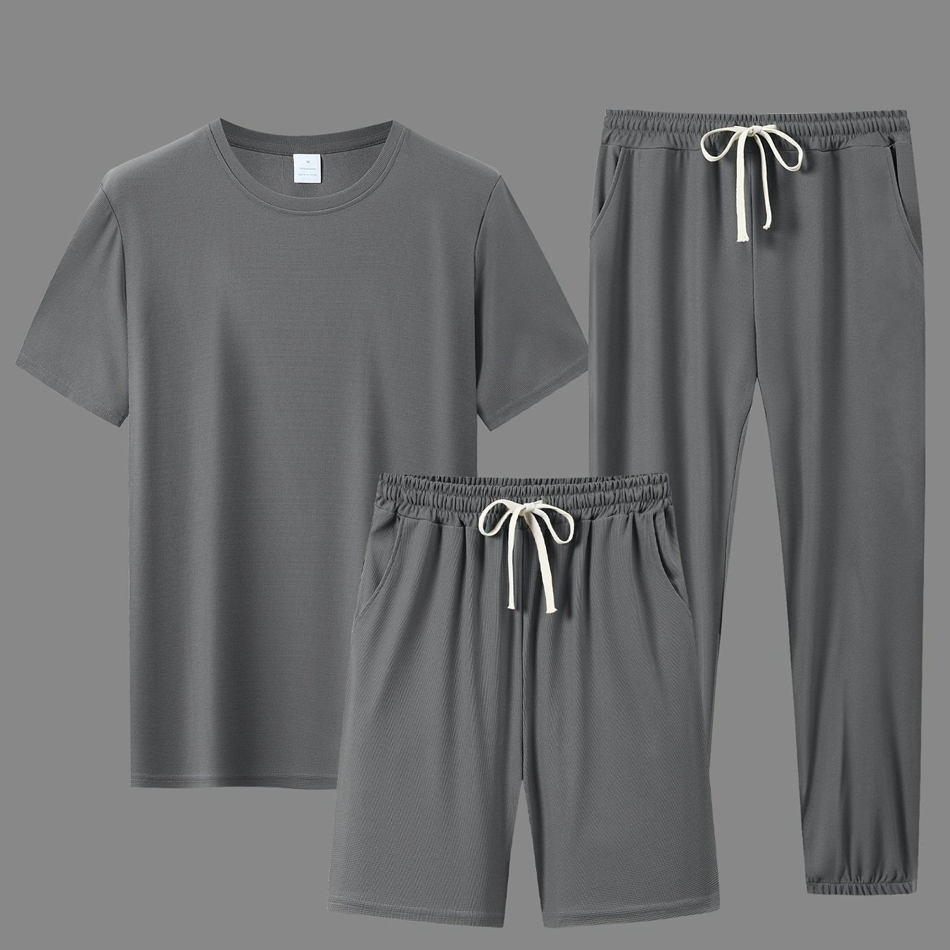 Men's Polyester Casual Sports Outfit with Short-Sleeve T-Shirt Shorts and Long Pants for Running and All-Season