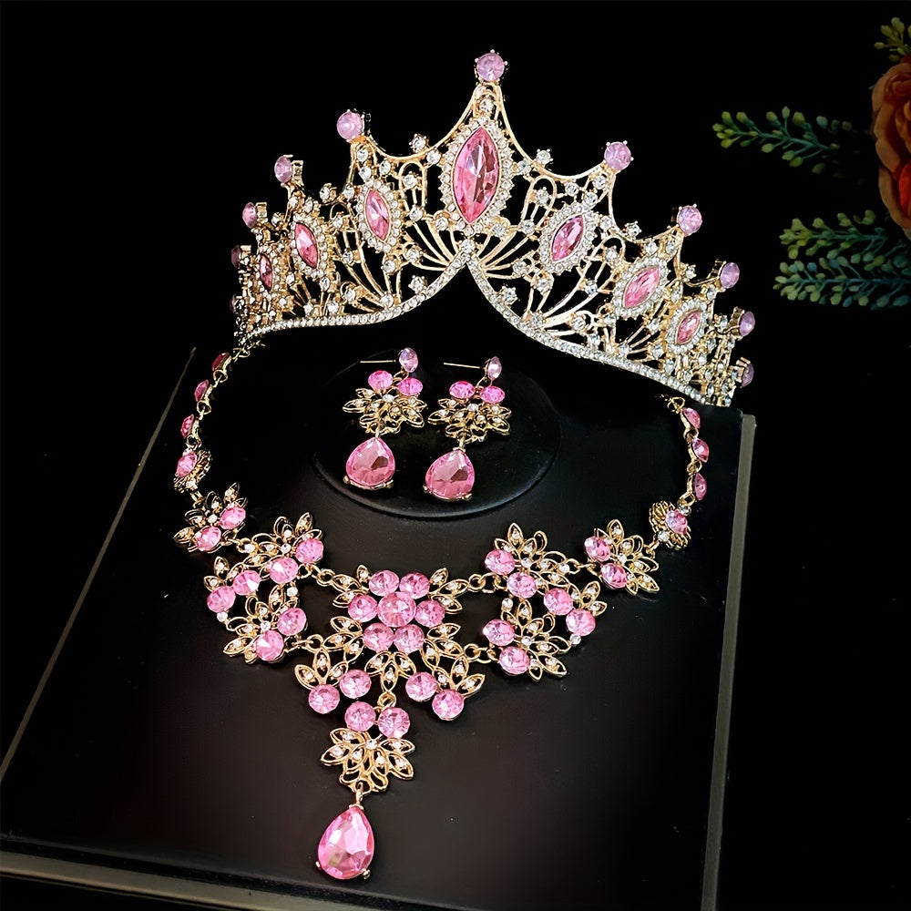3-Piece Bridal Jewelry Set Tiara Necklace Earrings for Wedding and Photos
