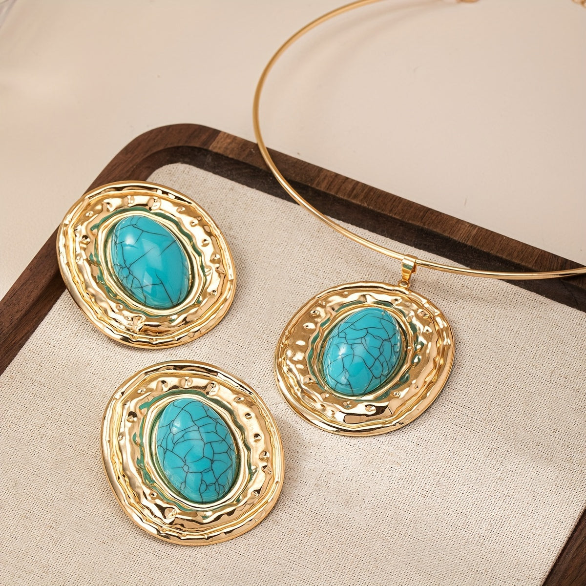 Bohemian Metal Oval Blue Turquoise Jewelry Set with Collar and Earrings for Women