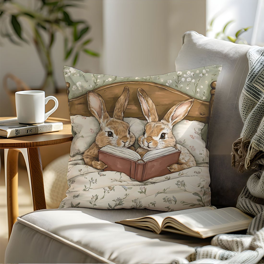 Easter Cartoon Rabbit Storybook Sofa Throw Pillow Cover 45x45cm Peach Skin Fabric