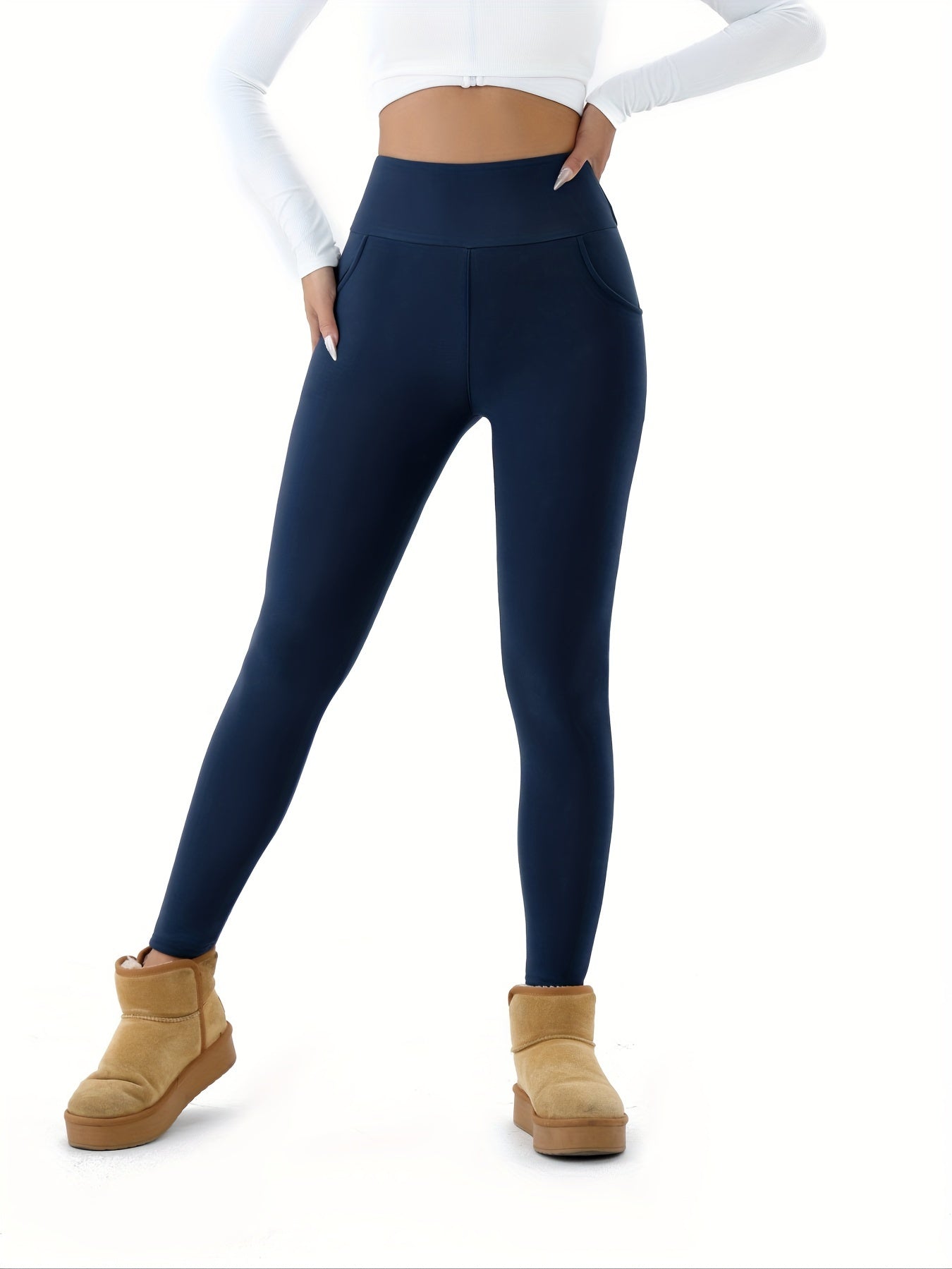 Women's Fleece-Lined High-Waist Leggings with Pockets for Fall and Winter