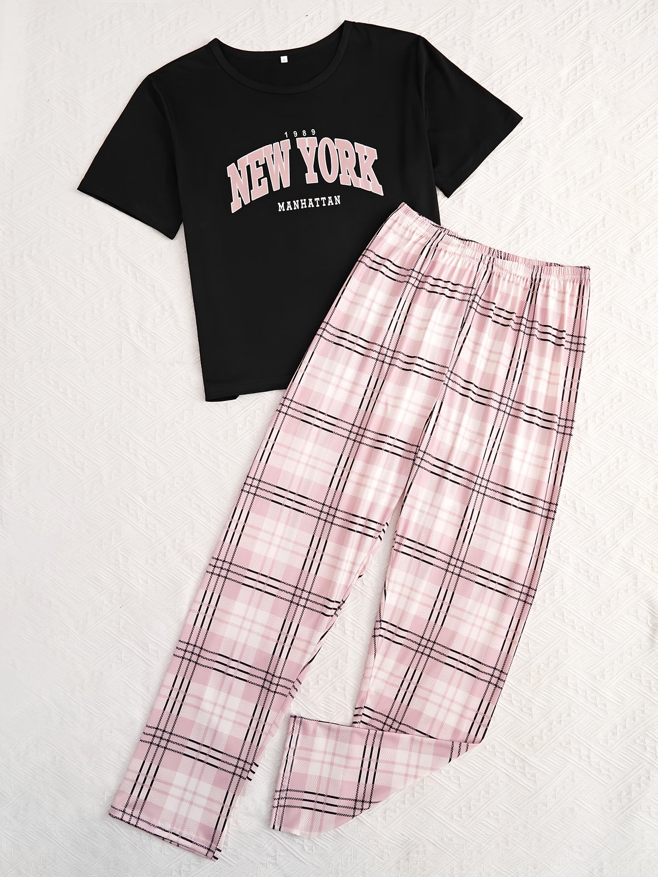 Ayollar uchun Xat va Kletka Pijama To'plami: Qisqa Yengli Crew Neck Tizim va Qulay Uzun Shimlar