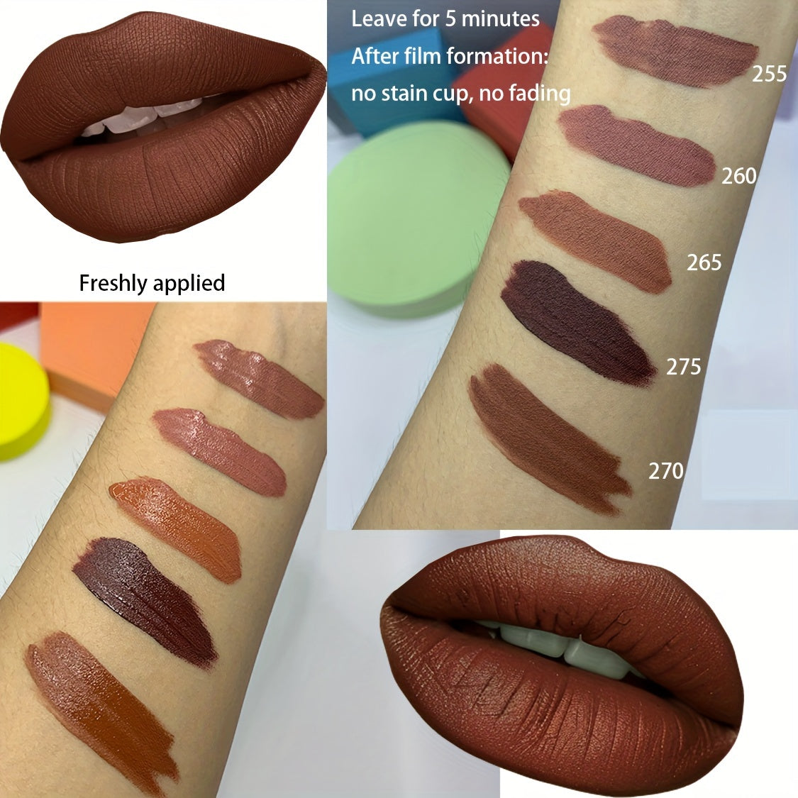 Set de 5 labiales mate de terciopelo para mujer, tonos marrón, de larga duración, sin transferencia