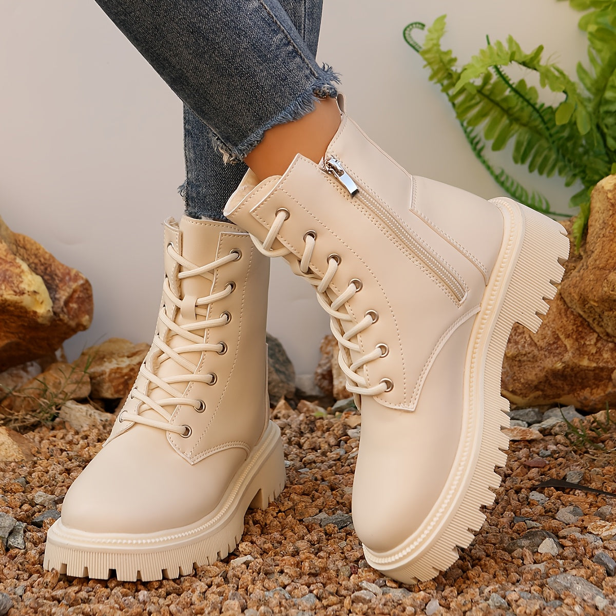 Women's Fleece-Lined Casual Short Boots Autumn Winter Warm Solid Color