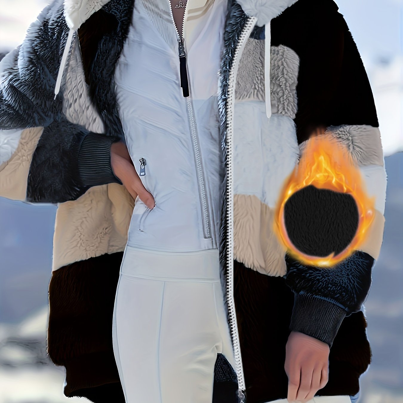 Женское пальто большого размера в полоску с пушистым капюшоном для осени и зимы, повседневное и теплое с молнией.