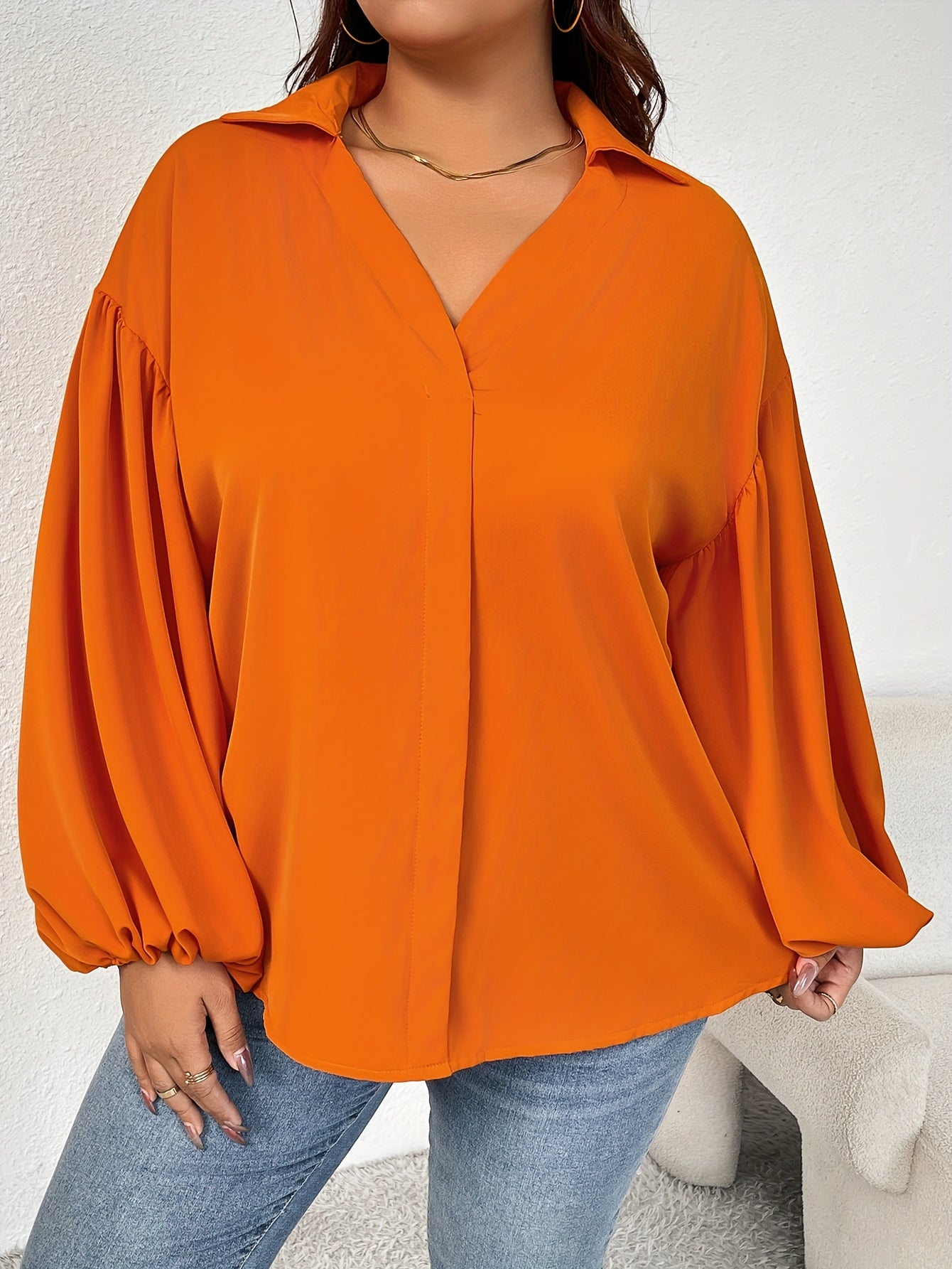 Ayollar uchun Noyob Ko'k V-yuynli Bluz Uzun Qo'l To'liq Kundalik kiyim