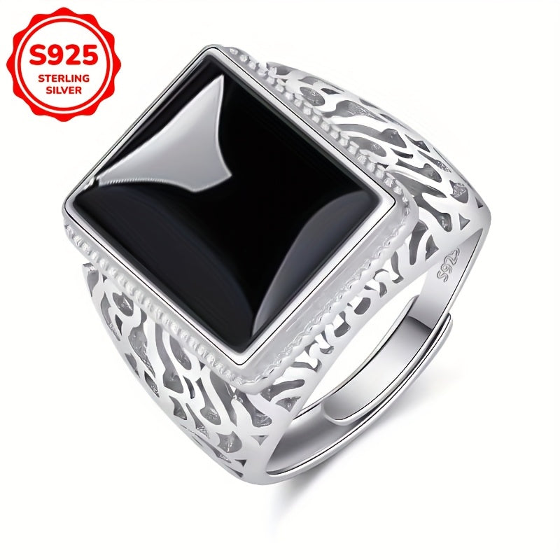 Sterling Silver Open Ring with Black Onyx and Imitation Jade Pattern for Women