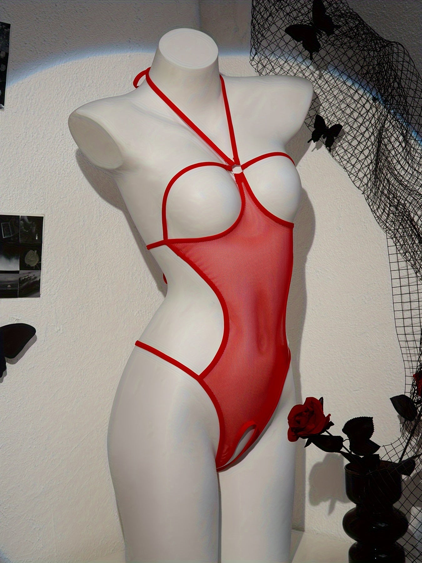 Women's Lace-Up Bodysuit with Halter Neck Semi-Sheer Lingerie