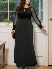 Plus Size Black Evening Gown Sequin Mesh Long Sleeve Formal Dress