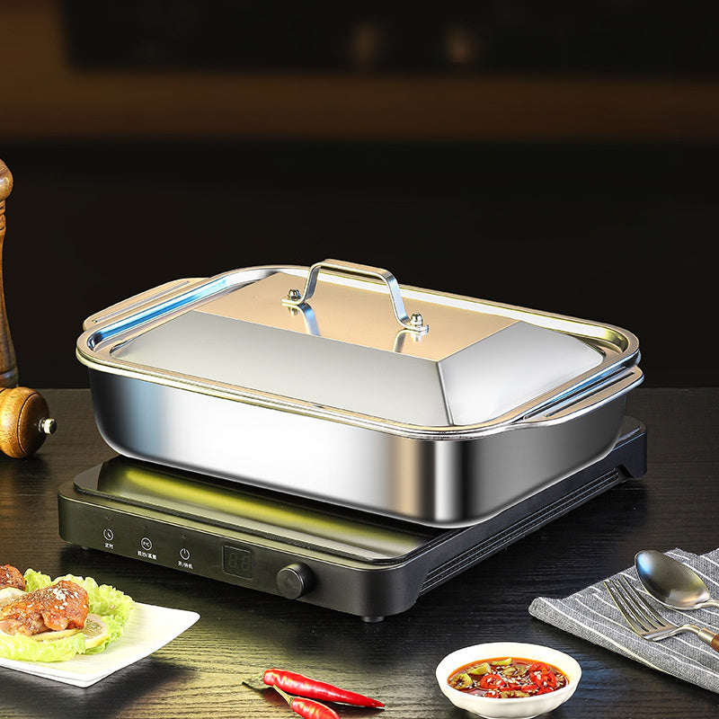 Large Heavy-Duty Stainless Steel Baking Pan with Lid for Desserts Bread Seafood Oven Safe