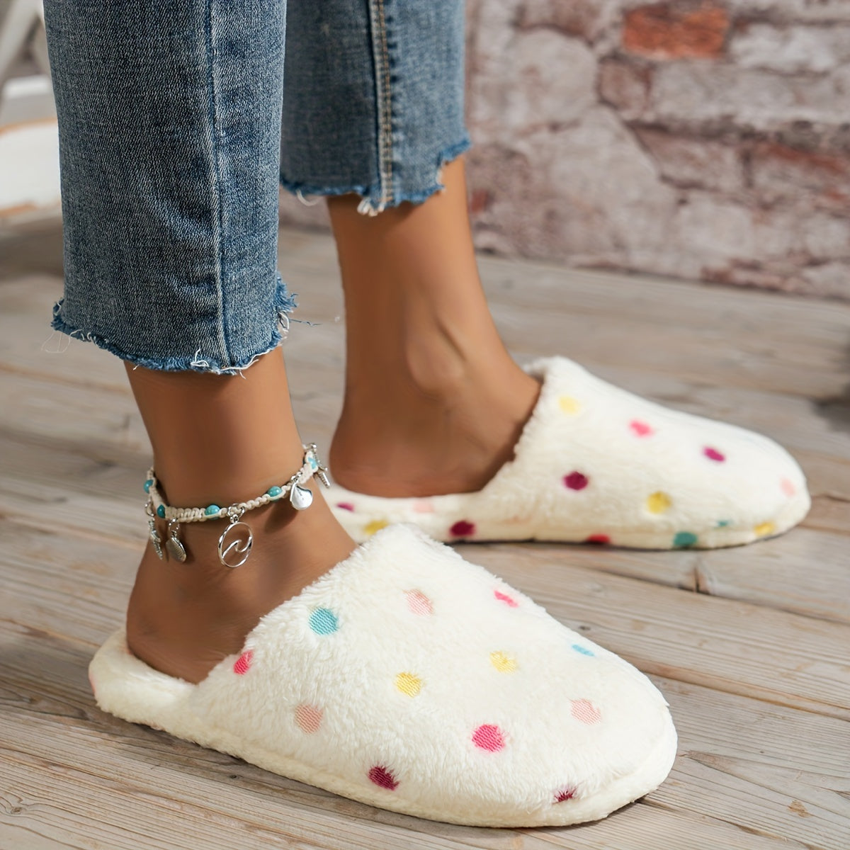 Women Colorful Polka Dot Plush Indoor Slippers Unisex Washable Comfortable