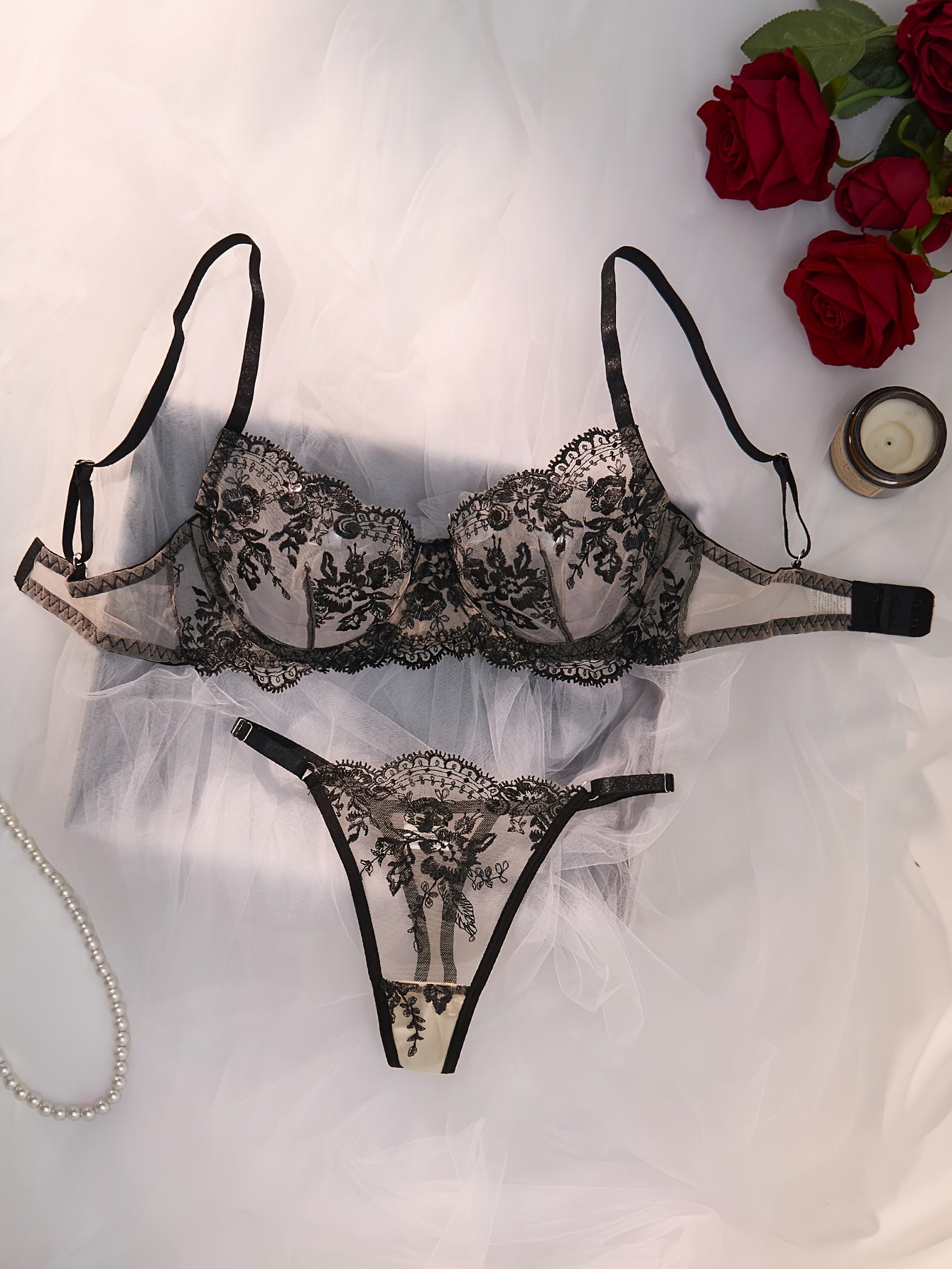 Women's Embroidered Flower Lingerie Set Fishnet Bra and Thong Midnight Passion