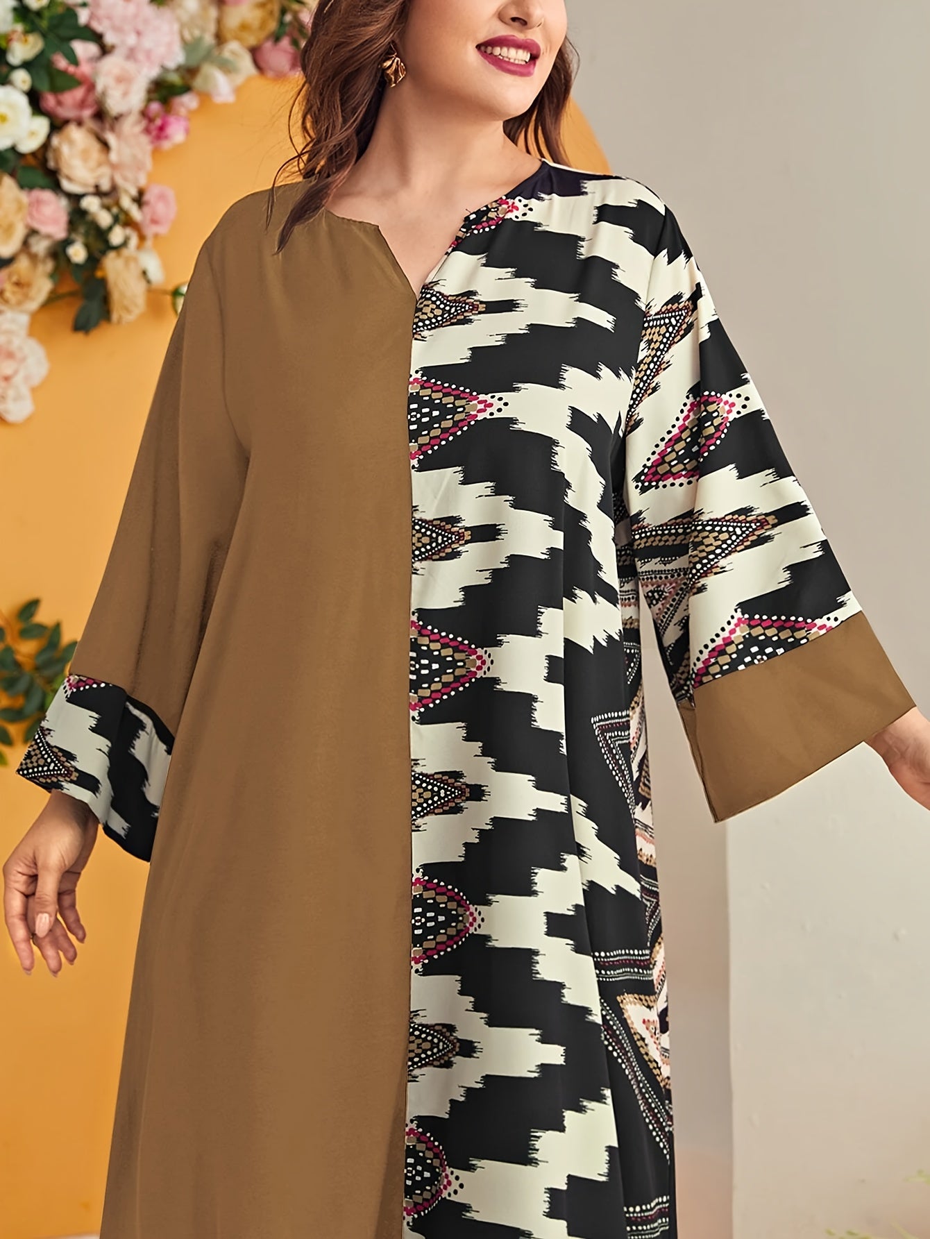 Plus Size Geometric Kaftan Dress Black Beige Houndstooth V-Neck Long Sleeve Flowing