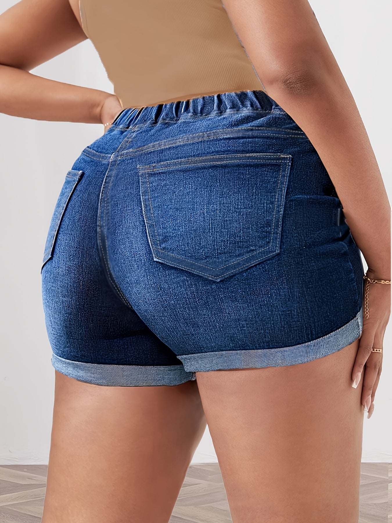 Plus Size Women's Blue Elastic Waist Drawstring Stretch Shorts