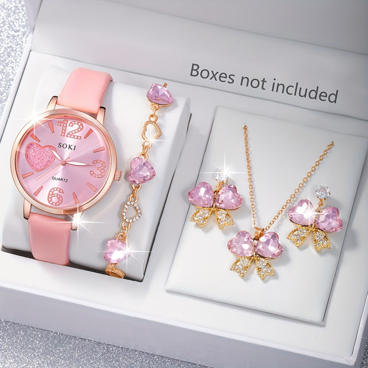 Ladies Fashion Digital Quartz Faux Leather Round Wrist Watch with Heart Jewelry Set