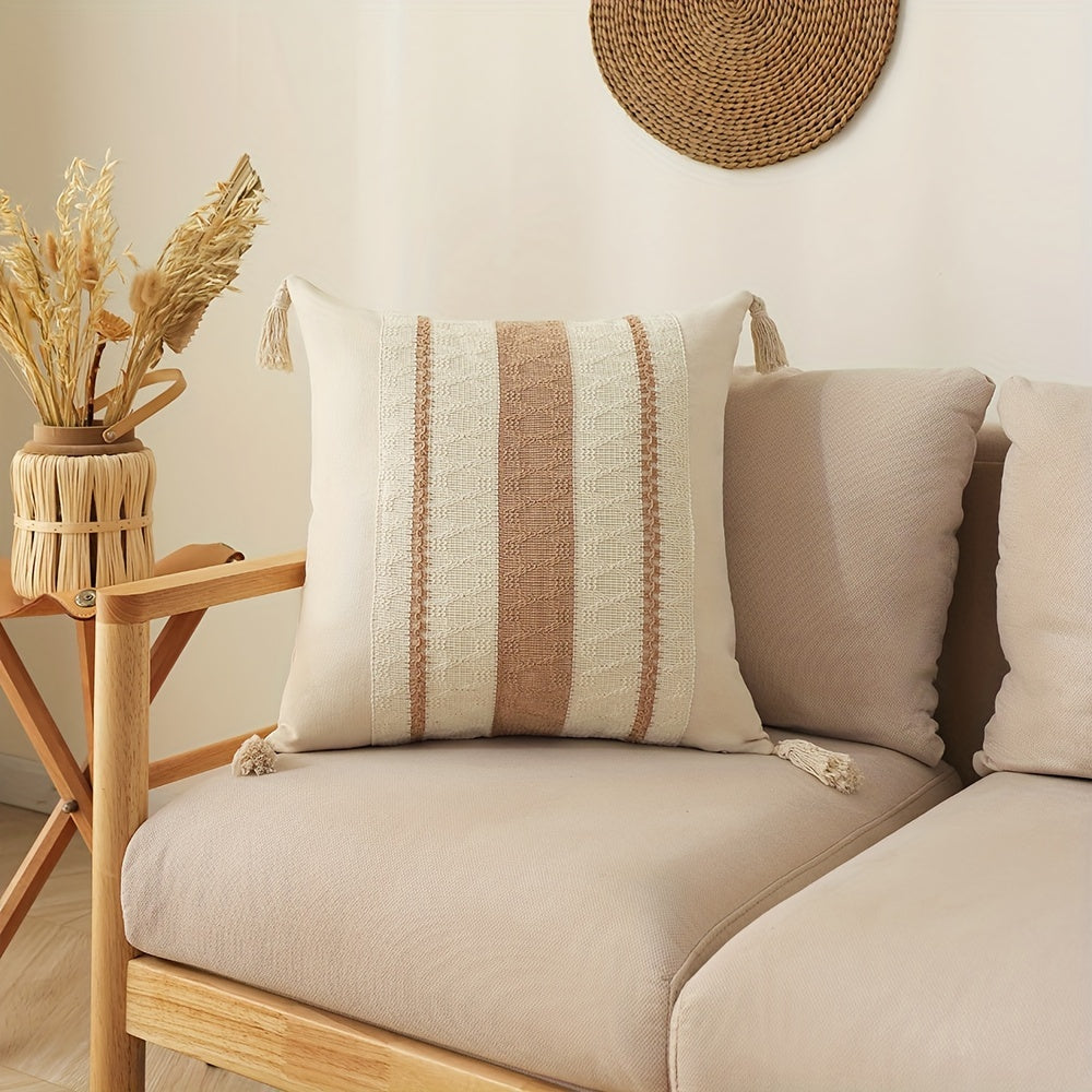 Bohemian Fringe Pillow Cover Geometric Pattern Orange Beige White Cushion Case for Sofa Decor