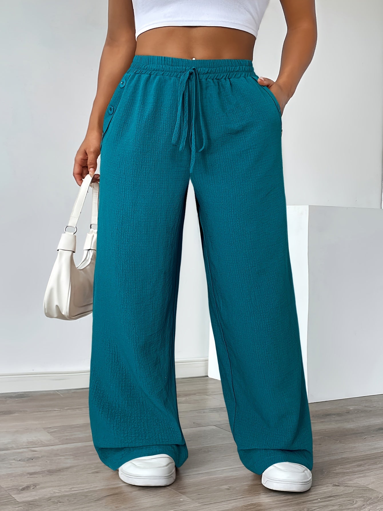 Women's Plus Size Casual Straight Pants with Lace-Up Detail, Solid Color
