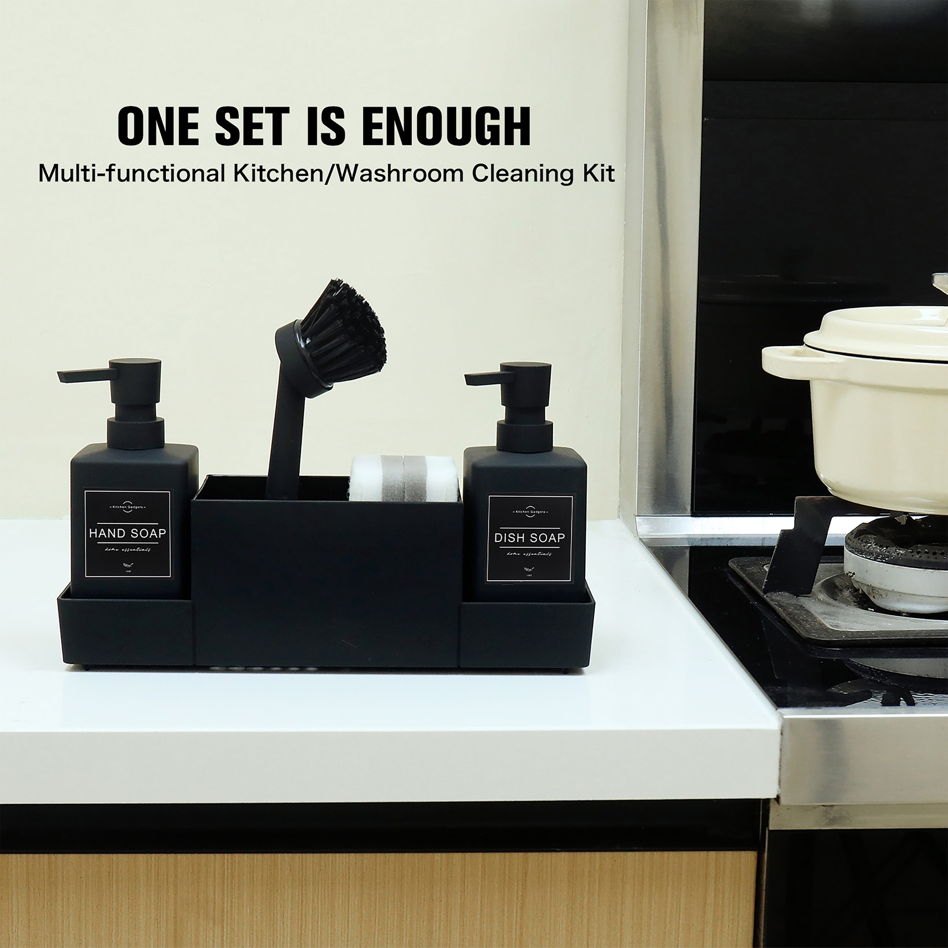 Dispensador de jabón doble negro con soporte para esponja y cepillo para platos para fregadero de cocina