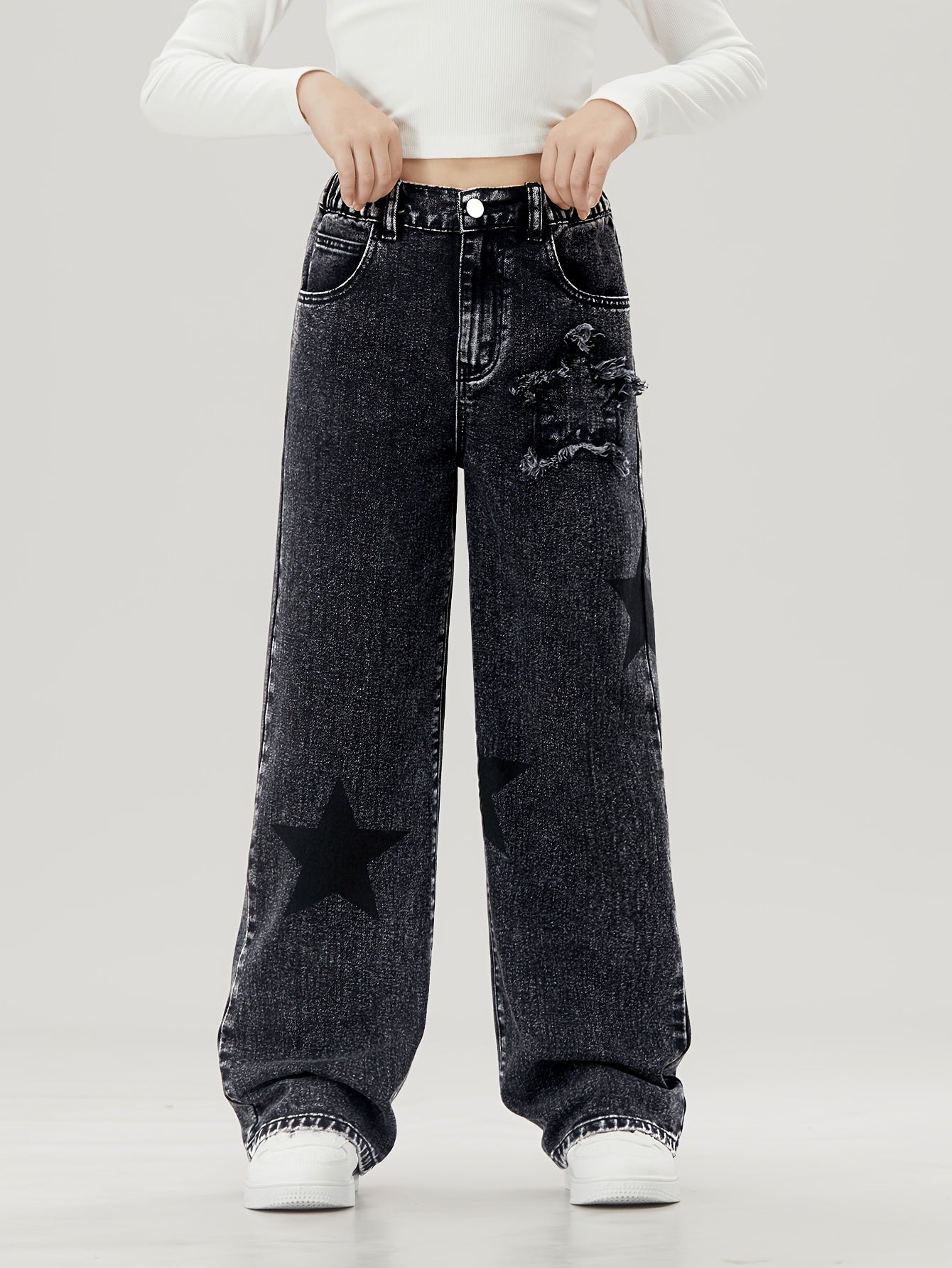 Kids' Wide-Leg Denim Jeans with Star Pattern Elastic Waist Non-Stretch Cotton